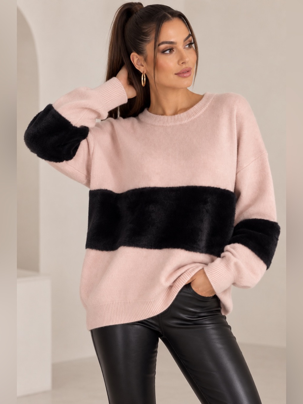 Fuzzy Stripe Crewneck Sweater in Blush and Black